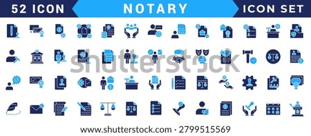 Notary icon set. Includes affidavit,acknowledgement, authentication, attestation,seal, certificate, jurat and more. Vectorillustration with editable strokes
