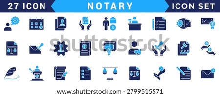 Notary icon set. Includes affidavit,acknowledgement, authentication, attestation,seal, certificate, jurat and more. Vectorillustration with editable strokes