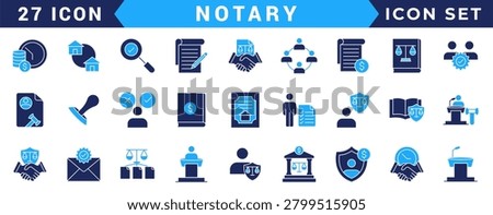 Notary icon set. Includes affidavit,acknowledgement, authentication, attestation,seal, certificate, jurat and more. Vectorillustration with editable strokes