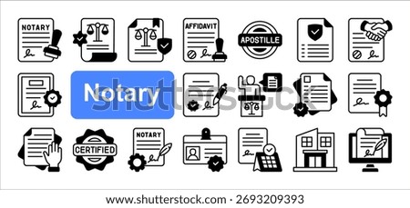 Notary icon set, with Notary, Legal document, Contract, Certificate, Signature, Verification, Legal. simple flat vector.