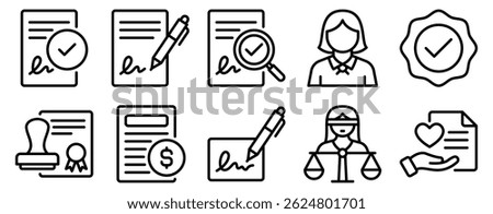 Notary Icon Set Line Style Collection representing legal authentication and official documentation suitable for legal services administrative processes and government-related platforms