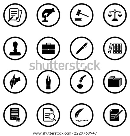 Notary Icons. Black Flat Design In Circle. Vector Illustration.