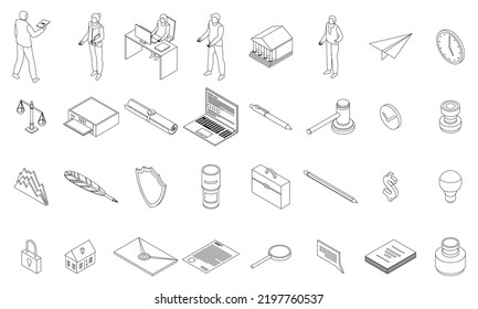 Notary icons set. Isometric set of notary vector icons outline thin lne isolated on white