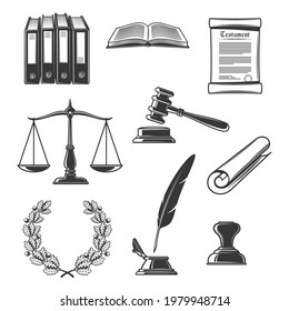 Notary, justice and court, judge power and authority icons. Vector law book, scales of justice and seal, wreath with oak leaves, judge gavel and testament parchment, quill feather and inkwell