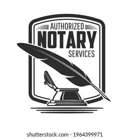 Notary or legal service icon with isolated vector vintage feather pen or quill and inkwell. Lawyer or advocate office, advocacy, notary, law and rights attorney company emblems design