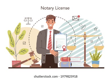 Notary license concept. Professional lawyer signing and legalizing paper document. Person witnessing signatures on document. Isolated flat vector illustration