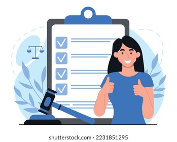 Notary license concept. Woman shows two thumbs up against background of document and concluded contract. Successful lawyer with judges gavel, novice specialist. Cartoon flat vector illustration