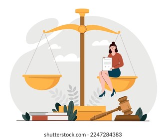 Notary license concept. Young girl with document in her hands sits on golden scale with hammer. Jurisprudence and legal support of transactions. Poster or banner. Cartoon flat vector illustration