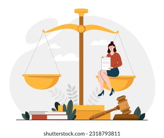 Notary license concept. Young girl with document in her hands sits on golden scale with hammer. Jurisprudence and legal support of transactions. Poster or banner. Cartoon flat vector illustration