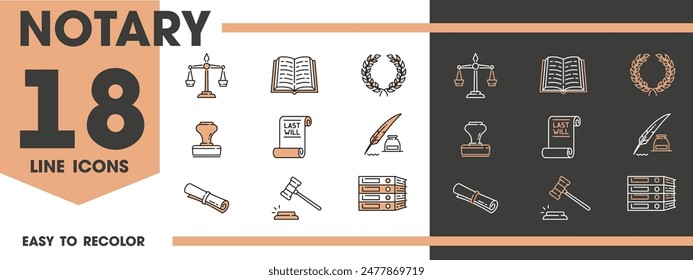 Notary line icons of lawyer firm or legal attorney office, vector pictograms. Legal service and law icons of judge hammer with justice scales and ink pen or feather quill for advocate or notary lawyer