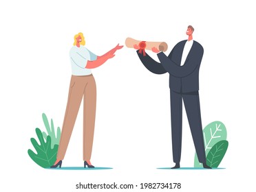 Notary Male Character Hand over Paper Document Scroll to Businesswoman, Business Company Registration Service, Legal Procedure, Ownership, Identity Formation. Cartoon People Vector Illustration