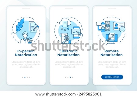 Notary methods blue onboarding mobile app screen. Walkthrough 3 steps editable graphic instructions with linear concepts. UI, UX, GUI template