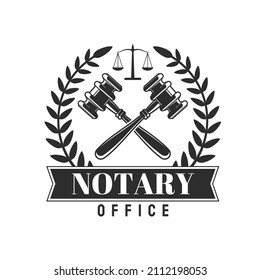 Notary office icon with crossed judge gavels and laurel wreath. Law service retro icon, juridical or jurisprudence office monochrome vector symbol, notary firm or company vintage emblem