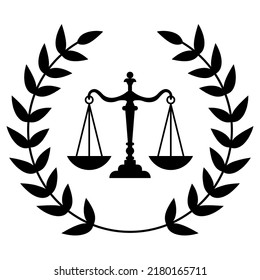 Notary office icon, notary service vector emblem with scales, laurel wreath, law and justice, probate or regulation isolated monochrome label, judicial authority.