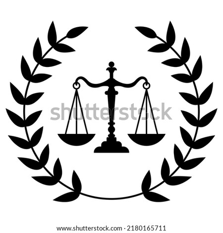 Notary office icon, notary service vector emblem with scales, laurel wreath, law and justice, probate or regulation isolated monochrome label, judicial authority.