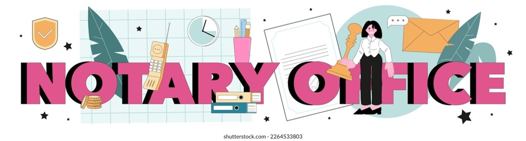 Notary office typographic header. Professional lawyer witnessing and legalizing paper documents. Specialist authorised to perform acts in legal affairs. Flat vector illustration