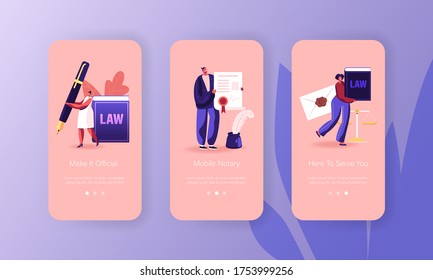 Notary Professional Service Mobile App Page Onboard Screen Template. Tiny Characters Visiting Attorney Public Office for Signing and Legalization Documents Concept. Cartoon People Vector Illustration