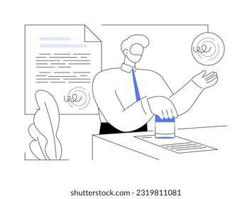 Notary public service abstract concept vector illustration. Process of document notarization, put a stamp, brick and mortar bank, financial transactions, international business abstract metaphor.