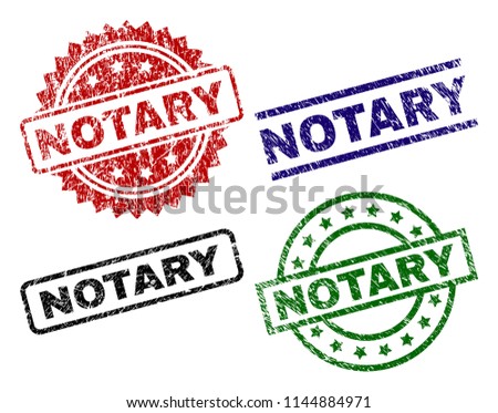 NOTARY seal prints with damaged texture. Black, green,red,blue vector rubber prints of NOTARY title with retro texture. Rubber seals with circle, rectangle, medallion shapes.