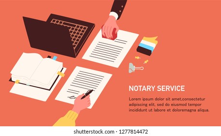 Notary service advertisement. Horizontal web banner template with hands witnessing legal documents by signature and seal or stamp and place for text. Colorful vector illustration in flat style.