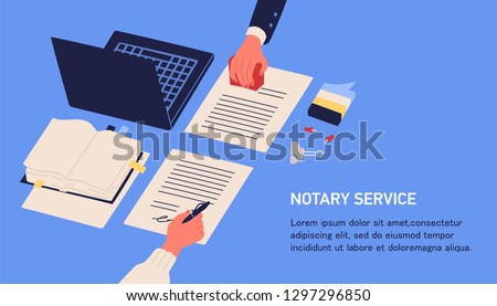 Notary service advertisement. Horizontal web banner in blue color with hands witnessing legal documents by signature and seal or stamp and place for text. Colorful vector illustration in flat style.