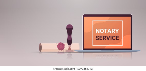 notary service banner with legacy stamp sealed document legal trust and public pen near laptop