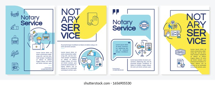 Notary service brochure template. Legal documents validation. Flyer, booklet, leaflet print, cover design with linear icons. Vector layouts for magazines, annual reports, advertising posters
