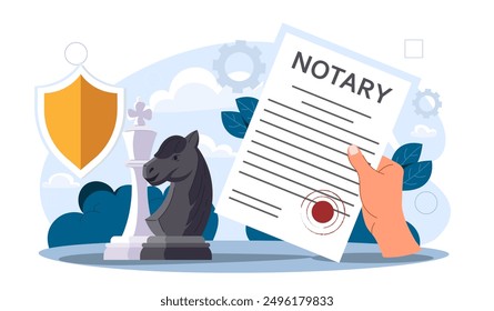 Notary service concept. Legal protection of transactions and organizations. Paperwork for protect intellectual property. Legal support. Flat vector illustration isolated on white background