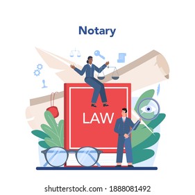 Notary service concept. Professional lawyer signing and legalizing paper document. Person witnessing signatures on document. Isolated flat vector illustration