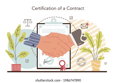 Notary service concept. Professional lawyer signing and legalizing paper document. Person witnessing signatures on document. Isolated flat vector illustration