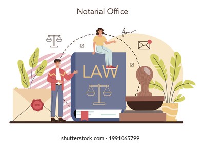 Notary service concept. Professional lawyer signing and legalizing paper document. Person witnessing signatures on document. Isolated flat vector illustration