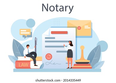 Notary service concept. Professional lawyer signing and legalizing paper document. Person witnessing signatures on document. Isolated flat vector illustration