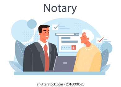 Notary service concept. Professional lawyer signing and legalizing paper document. Person witnessing signatures on document. Isolated flat vector illustration