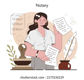 Notary service concept. Professional lawyer signing and legalizing paper document. Person witnessing signatures on document. Isolated flat vector illustration