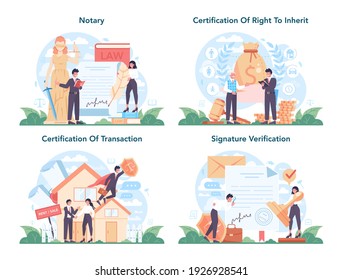 Notary service concept set. Professional lawyer signing and legalizing paper document. Person witnessing transaction and signature. Isolated flat vector illustration