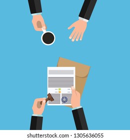 Notary service execution of documents seal and signature on papers on blue background isometric vector illustration - Vector illustration