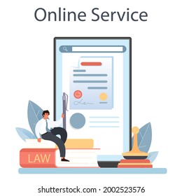 Notary service online service or platform. Lawyer signing and legalizing paper document. Person witnessing signatures. Flat vector illustration