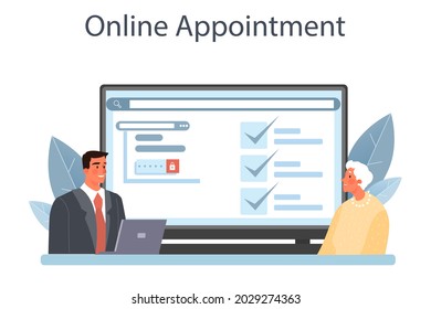 Notary service online service or platform. Lawyer signing and legalizing paper document. Person witnessing signatures. Online appointment. Flat vector illustration