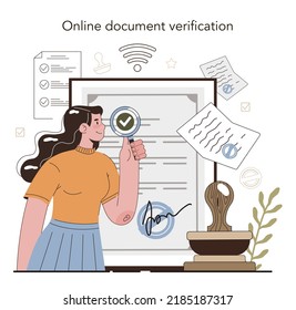 Notary service online service or platform. Professional lawyer signing and legalizing paper document. Person witnessing signatures on document. Online verification. Flat vector illustration