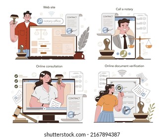 Notary service online service or platform set. Professional lawyer signing and legalizing paper document. Online consultation, verification, call, website. Flat vector illustration