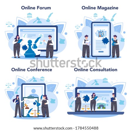 Notary service online service or platform set. Professional lawyer signing and legalizing paper document. Online forum, magazine, conference, consultation. Isolated flat vector illustration