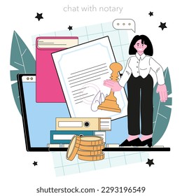 Notary service online service or platform. Specialist authorised to perform acts in legal affairs, witnessing paper documents. Online chat. Flat vector illustration