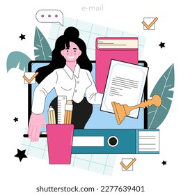 Notary service. Professional lawyer witnessing and legalizing paper documents. Specialist authorised to perform acts in legal affairs. Flat vector illustration