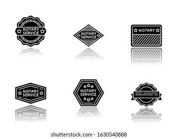 Notary service stamps drop shadow black glyph icons set. Apostille and legalization. Validation. Approval, confirmation. Legal paper. Notarization. Isolated vector illustrations on white space