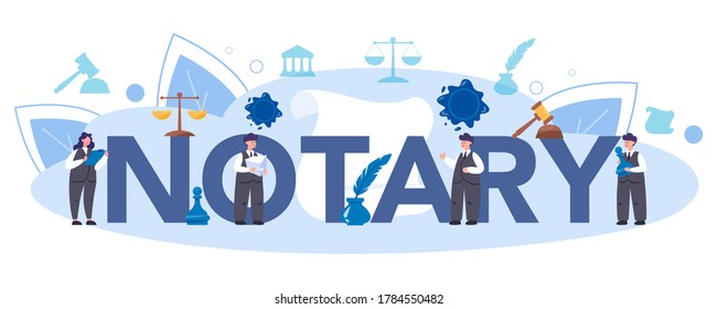 Cabecera tipográfica del servicio de notario. Abogado profesional firma y legalización de documentos en papel. Persona testigo de firmas en el documento. Ilustración vectorial plana aislada