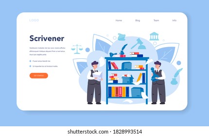 Notary service web banner or landing page. Professional lawyer signing and legalizing paper document. Person witnessing signatures on document. Isolated flat vector illustration