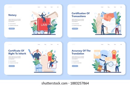 Notary service web banner or landing page set. Professional lawyer signing and legalizing paper document. Person witnessing signatures on document. Isolated flat vector illustration