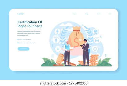 Notary service web banner or landing page. Certification of a right to inherit. Professional lawyer signing and legalizing paper document. Person witnessing a signature. Flat vector illustration