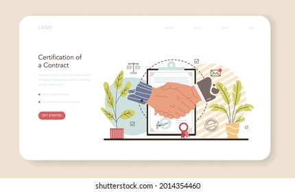 Notary service web banner or landing page. Professional lawyer signing and legalizing paper document. Person witnessing signatures on document. Isolated flat vector illustration