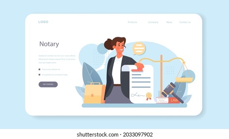 Notary service web banner or landing page. Professional lawyer signing and legalizing paper document. Person witnessing signatures on document. Isolated flat vector illustration